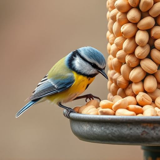 Blue tit feeding on hanging peanut feeder