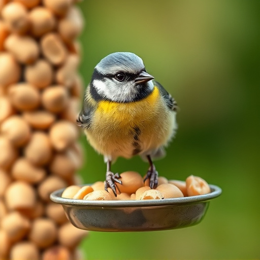 Blue tit feeding on hanging peanut feeder
