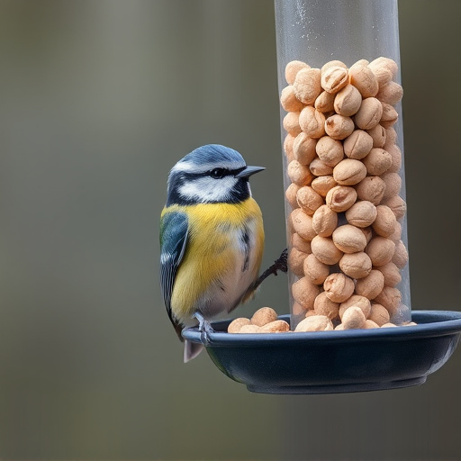 Blue tit feeding on hanging peanut feeder