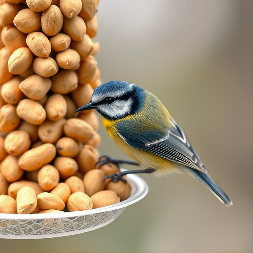 Blue tit feeding on hanging peanut feeder