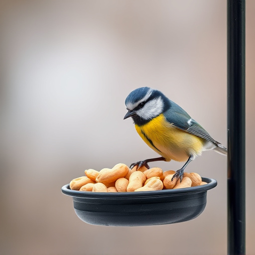 Blue tit feeding on hanging peanut feeder