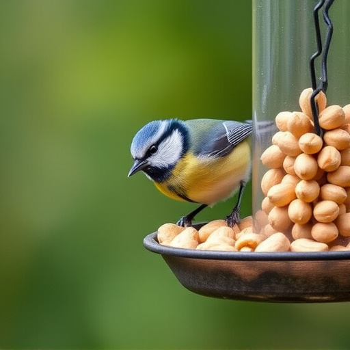 Blue tit feeding on hanging peanut feeder
