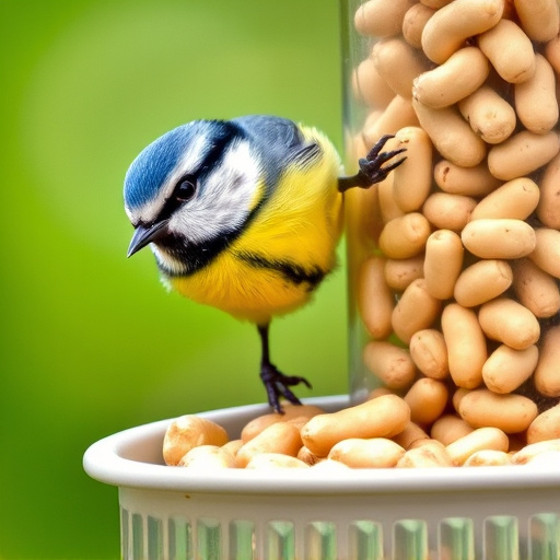 Blue tit feeding on hanging peanut feeder