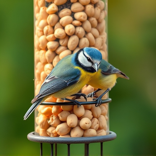 Blue tit feeding on hanging peanut feeder