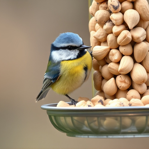 Blue tit feeding on hanging peanut feeder