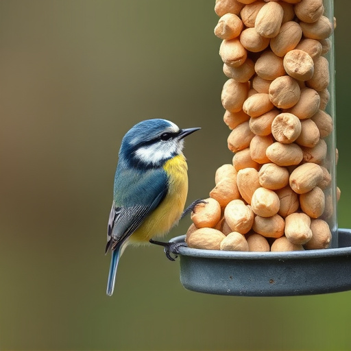 Blue tit feeding on hanging peanut feeder