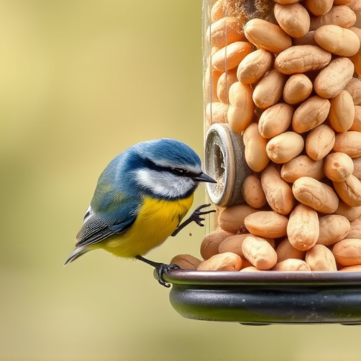 Blue tit feeding on hanging peanut feeder