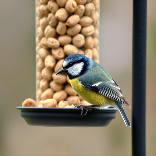 Blue tit feeding on hanging peanut feeder