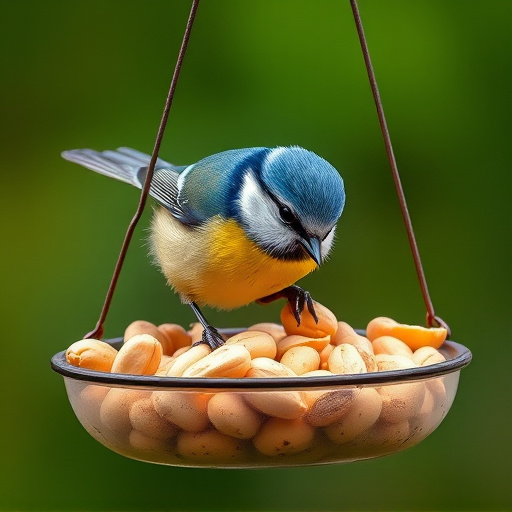 Blue tit feeding on hanging peanut feeder