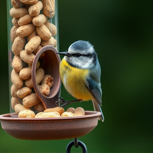 Blue tit feeding on hanging peanut feeder