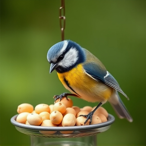 Blue tit feeding on hanging peanut feeder