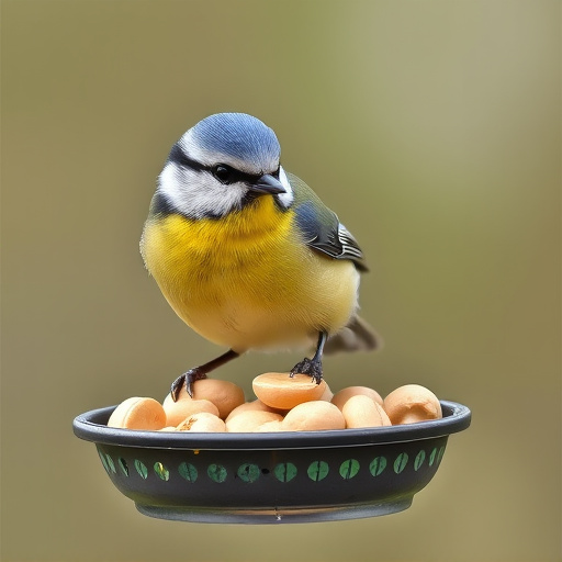 Blue tit feeding on hanging peanut feeder