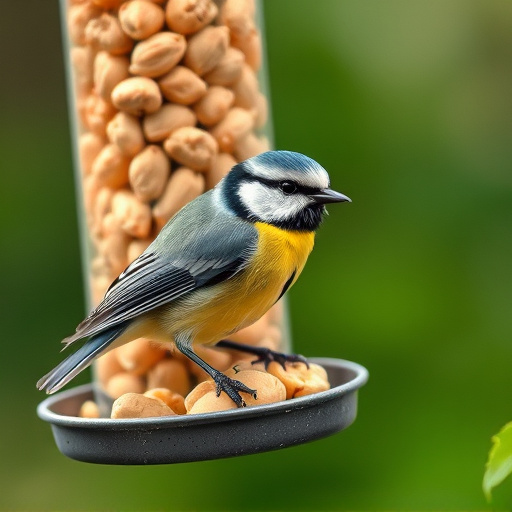 Blue tit feeding on hanging peanut feeder