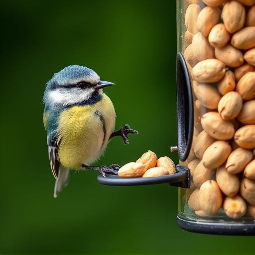 Blue tit feeding on hanging peanut feeder