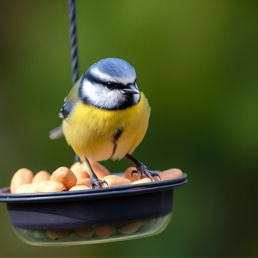 Blue tit feeding on hanging peanut feeder