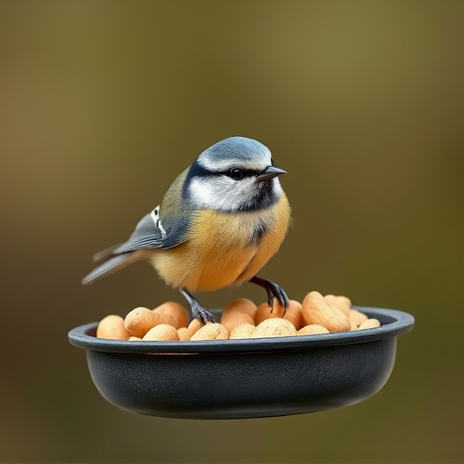 Blue tit feeding on hanging peanut feeder