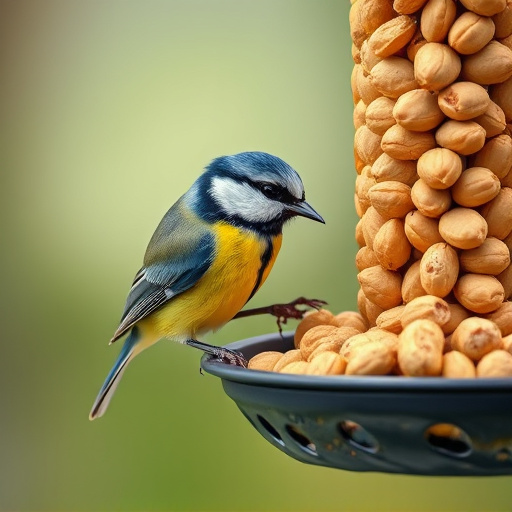Blue tit feeding on hanging peanut feeder