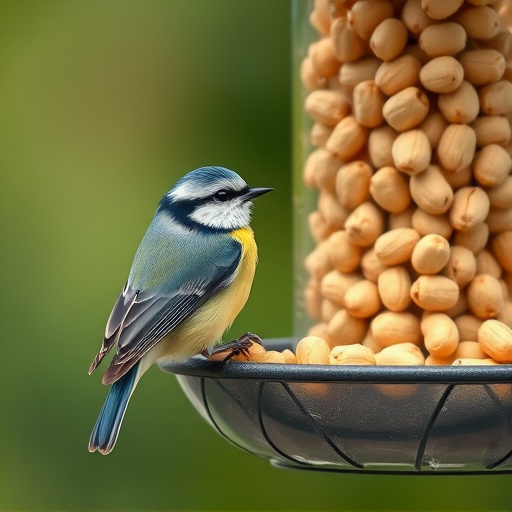 Blue tit feeding on hanging peanut feeder