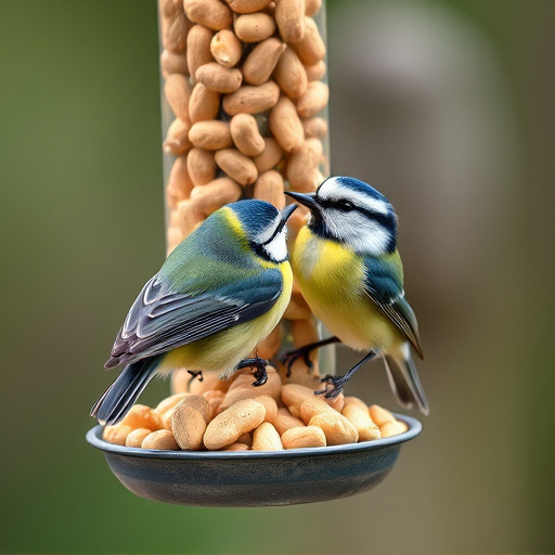 Blue tit feeding on hanging peanut feeder