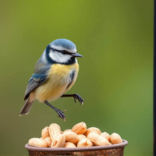 Blue tit feeding on hanging peanut feeder