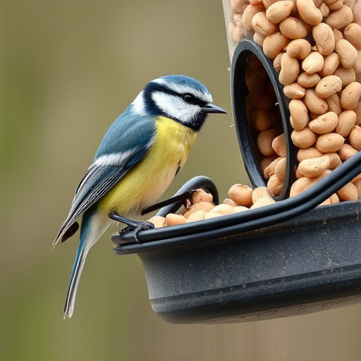 Blue tit feeding on hanging peanut feeder