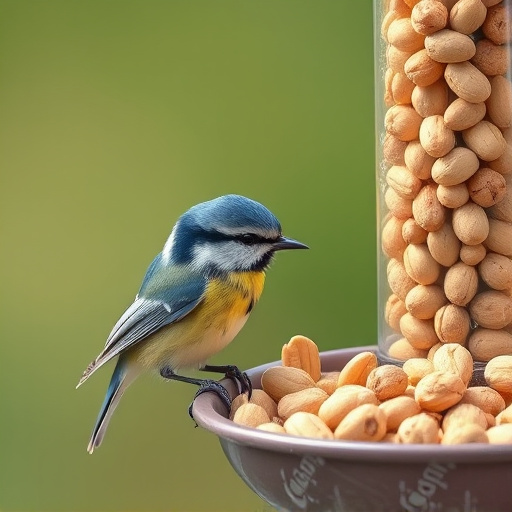 Blue tit feeding on hanging peanut feeder
