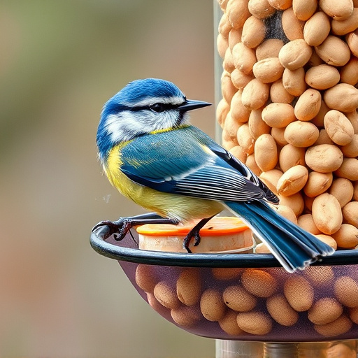 Blue tit feeding on hanging peanut feeder