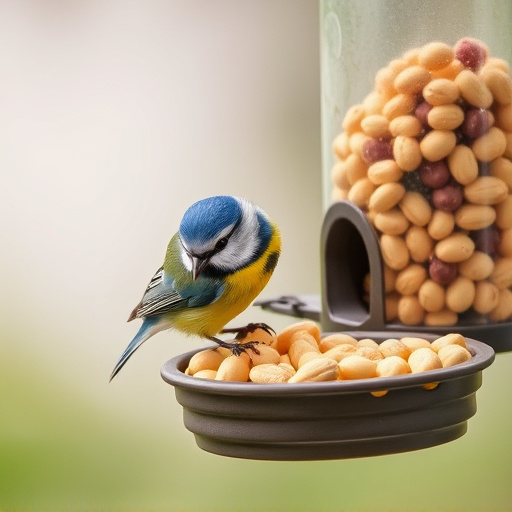 Blue tit feeding on hanging peanut feeder