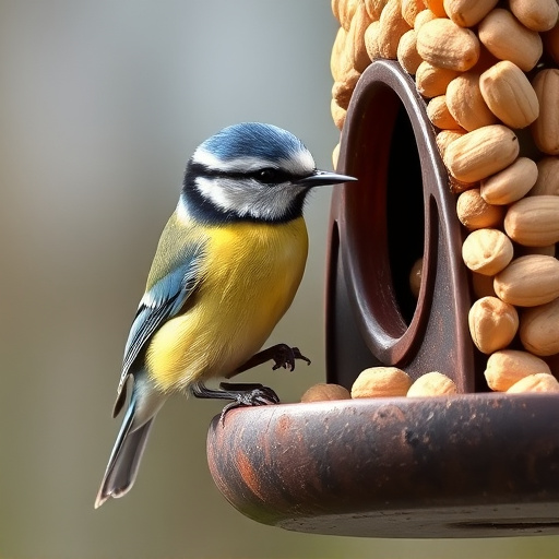 Blue tit feeding on hanging peanut feeder