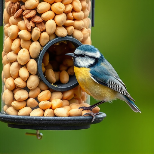 Blue tit feeding on hanging peanut feeder
