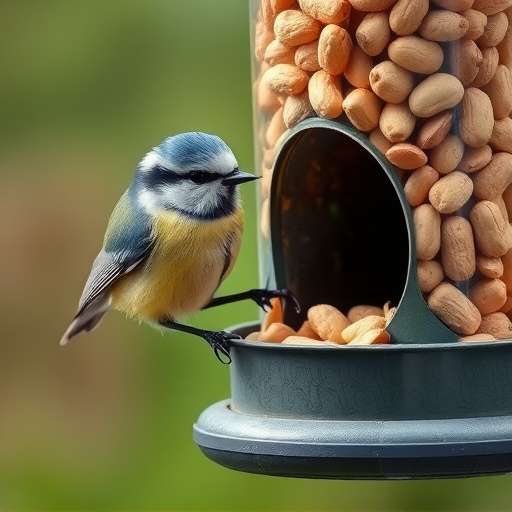 Blue tit feeding on hanging peanut feeder