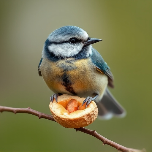 Blue tit holding peanut piece
