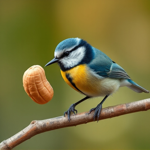 Blue tit holding peanut piece