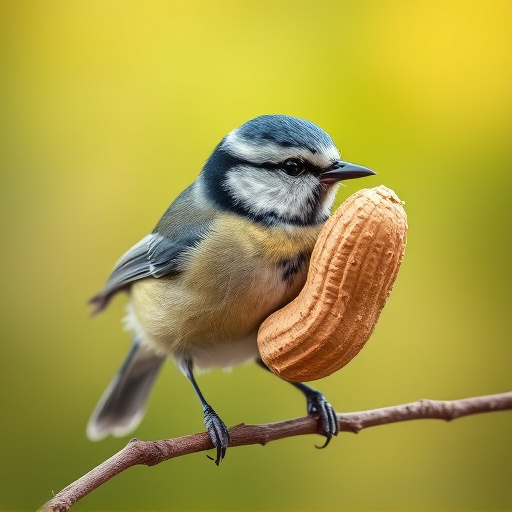 Blue tit holding peanut piece