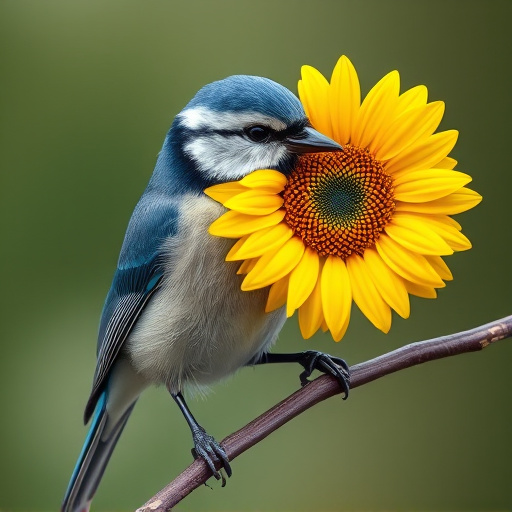 Blue tit holding sunflower heart in beak