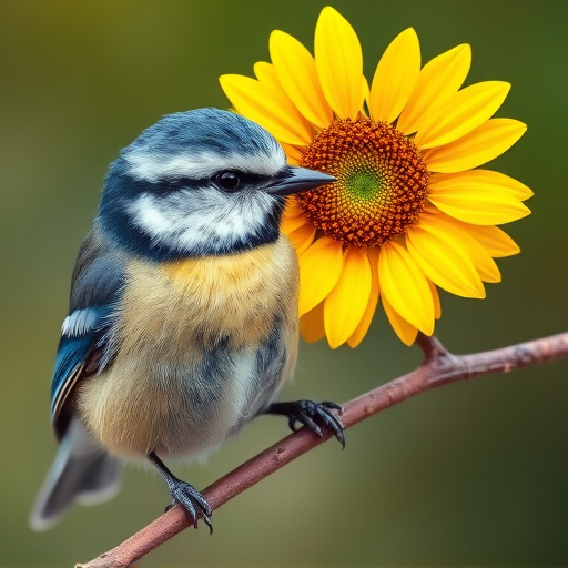 Blue tit holding sunflower heart in beak