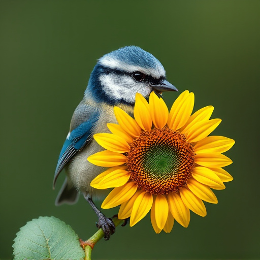 Blue tit holding sunflower heart in beak