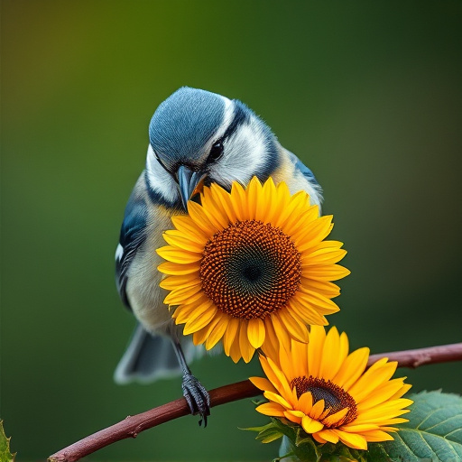 Blue tit holding sunflower heart in beak