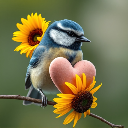 Blue tit holding sunflower heart in beak