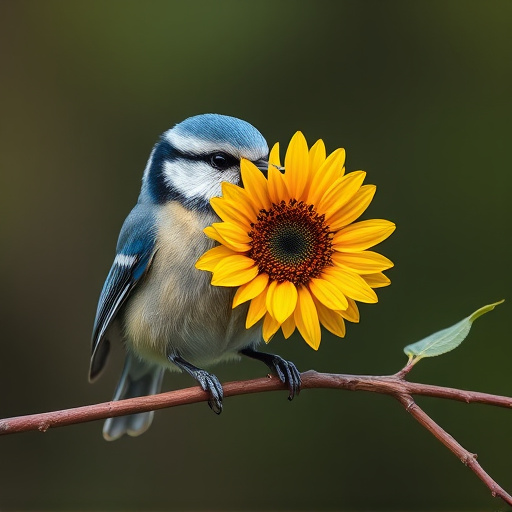 Blue tit holding sunflower heart in beak