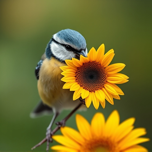 Blue tit holding sunflower heart in beak