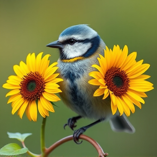 Blue tit holding sunflower heart in beak