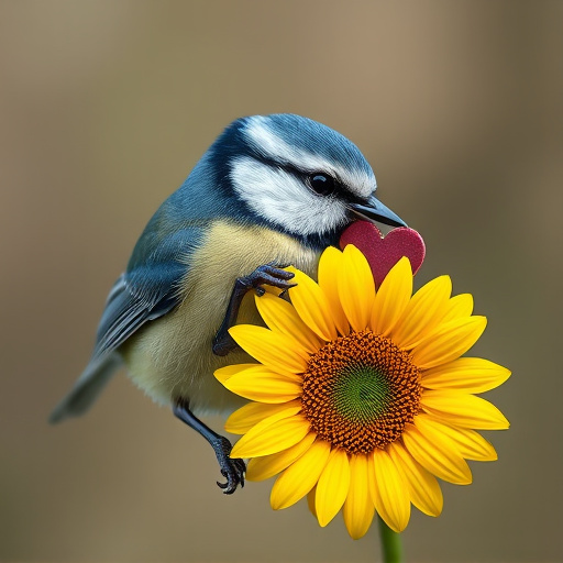 Blue tit holding sunflower heart in beak