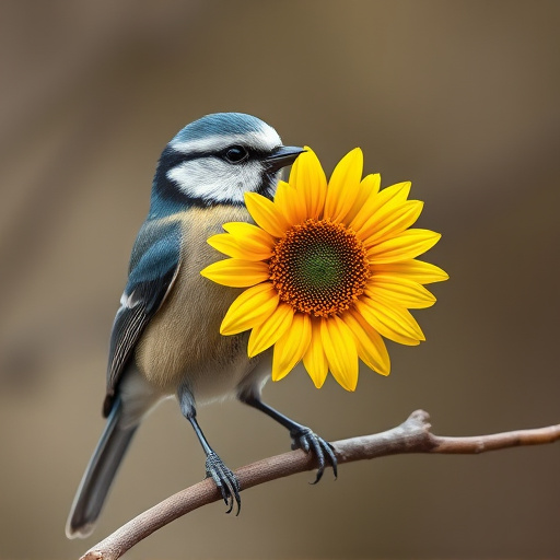 Blue tit holding sunflower heart in beak