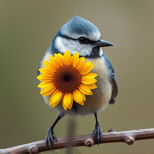 Blue tit holding sunflower heart in beak