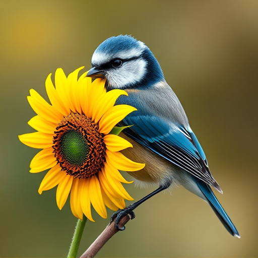 Blue tit holding sunflower heart in beak