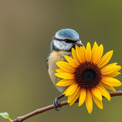 Blue tit holding sunflower heart in beak
