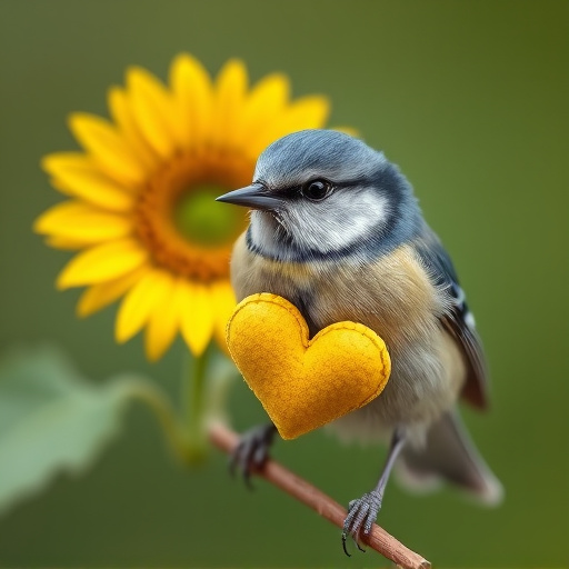 Blue tit holding sunflower heart in beak
