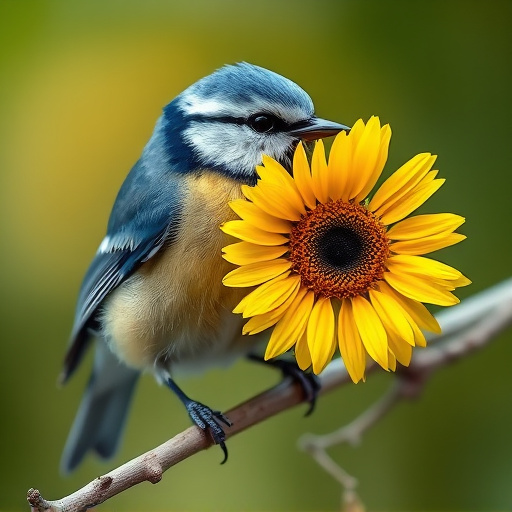 Blue tit holding sunflower heart in beak