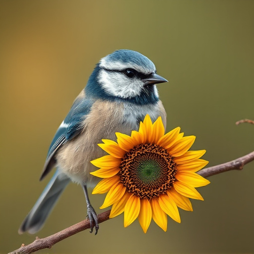Blue tit holding sunflower heart in beak